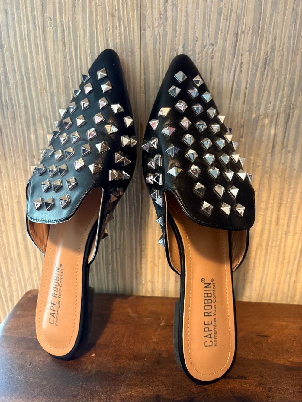 Cape Robbin Enny Black Pointed Slip-On Mules with Silver Studs